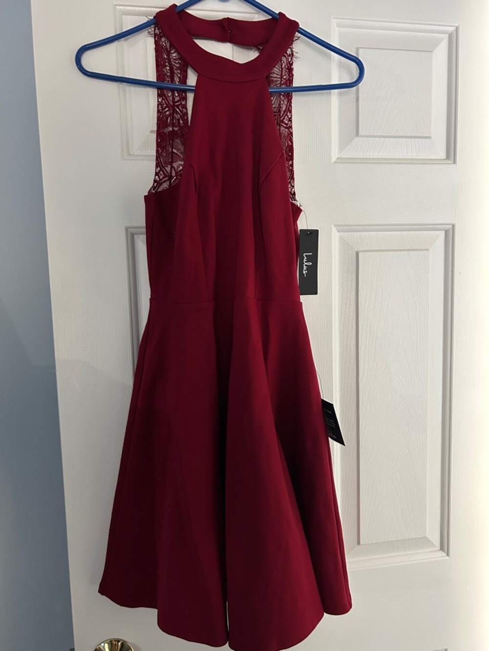 Lulu’s' Burgundy Lace-Panel Fit & Flare Dress